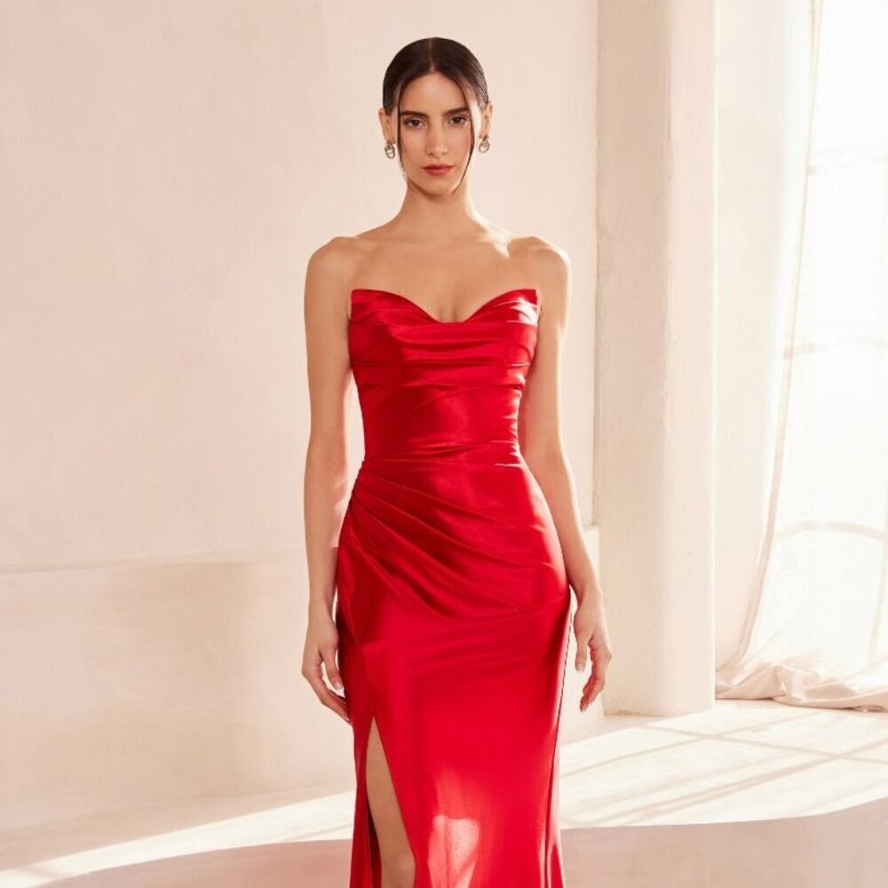NEW STRAPLESS SHEATH SOFT SATIN DRESS W/ V-NECK & MID-OPEN ZIPPER BACK CD T704